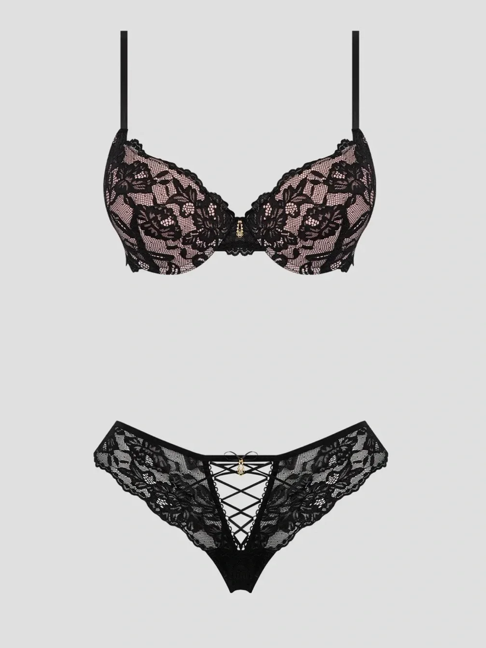 NWT Lace Push-Up Bra and Lace-Up Panty Set | Black/Soft Pink | 36B-C/M-L